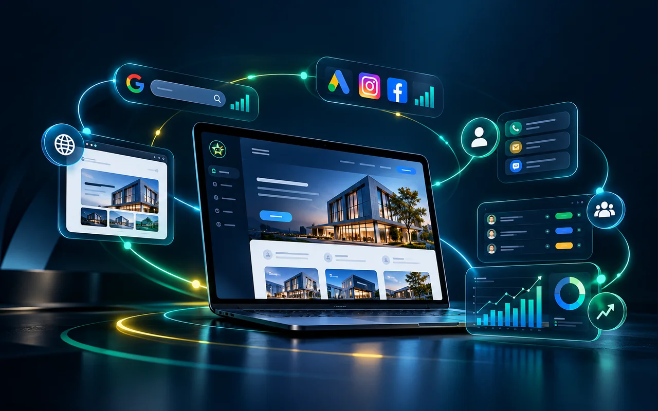 Otorixa web tasarım, SEO, dijital reklam, sosyal keşif, müşteri talebi, CRM ve ölçüm sistemlerini birlikte gösteren dijital büyüme görseli
