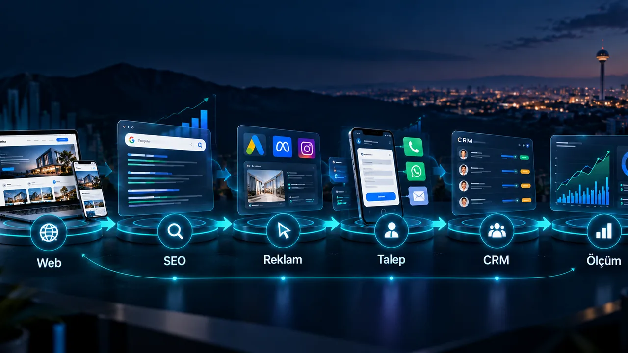 Kahramankazan Dijital Reklam — Web sitesi, dijital reklam, müşteri talebi, CRM ve ölçüm akışını gösteren büyüme sistemi